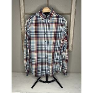 Merona Mens Flannel Shirt Sz Med. Button Down Cotton Long Sleeve Blue Red Tan